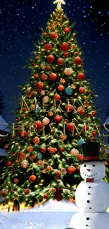 Snowy Christmas tree with snowman at night