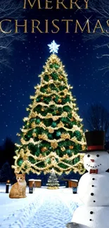 Christmas tree with snowman and cat, against a starry winter night.