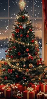 Christmas tree with lights and gifts by a window with falling snow.
