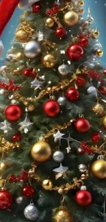 Beautifully decorated Christmas tree with ornaments.