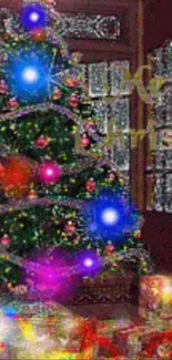 Festive Christmas tree with colorful lights and gifts.
