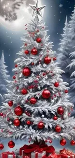 Christmas tree with red ornaments and snowy background.
