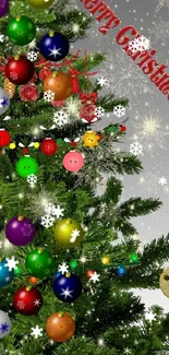 Christmas tree with colorful ornaments on a snowy background.