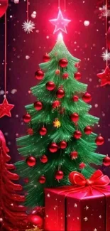 Festive Christmas tree with red ornaments and gifts.