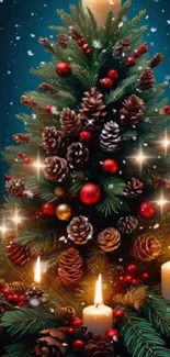 Festive Christmas tree with candles and snowflakes.