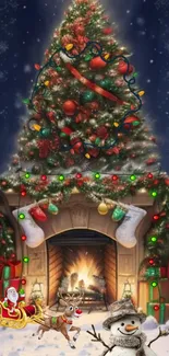 Festive Christmas tree with fireplace and holiday decorations.