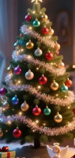 Festive Christmas tree with ornaments and lights.