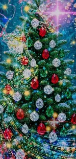 Sparkling Christmas tree with colorful ornaments and festive lights