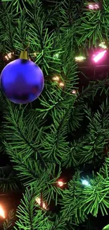 Christmas tree with blue ornament and colorful lights.