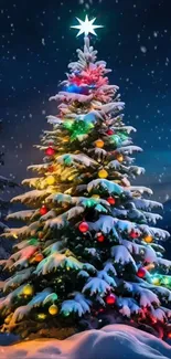 Snow-covered Christmas tree with colorful lights at night.