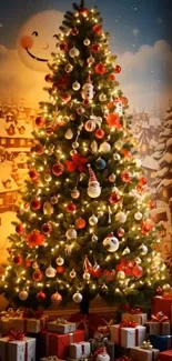 Brightly decorated Christmas tree with gifts under a snowy village backdrop.