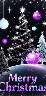 Festive Christmas tree with lights and ornaments on a snowy background.