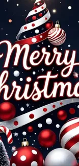 Festive Merry Christmas tree with red and white ornaments on a dark background.