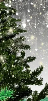 Christmas tree with snowflakes and stars on a festive mobile wallpaper.