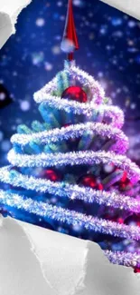 Shimmering spiral Christmas tree wallpaper with vibrant blue background.