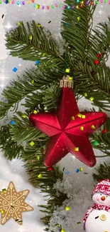 Christmas tree with red star ornament and snowman.