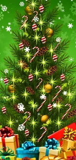 Bright festive wallpaper with a Christmas tree adorned with ornaments and gifts.