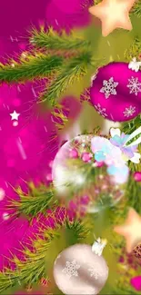 Colorful Christmas tree with ornaments and stars in vibrant pink background.