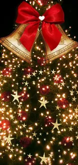 Festive Christmas tree with golden stars and red bow decorations.