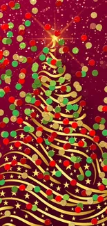 Festive Christmas tree wallpaper with golden swirls and colorful confetti.