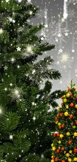 Festive Christmas tree with snowflakes on a gradient background.