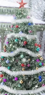 A Christmas tree adorned with ornaments and surrounded by snow.