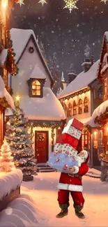 Christmas village with Santa and snow, holiday charm.