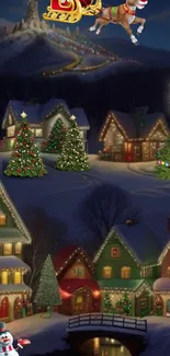 Christmas village wallpaper with Santa's sleigh in the night sky.