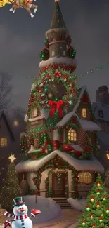 Festive Christmas village with snow and lights.