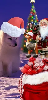 Christmas wallpaper with Santa, fox, and tree