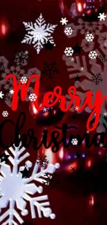 Merry Christmas mobile wallpaper with snowflake design on red background.