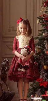 Young girl in red dress by festive Christmas tree.