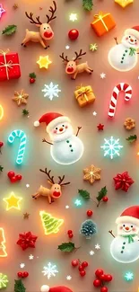 Christmas themed wallpaper with snowmen and reindeer on beige background.