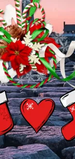 Festive Christmas wallpaper with stockings, ribbons, and rocky background.