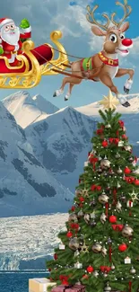 Santa in a sleigh with reindeer flying over a Christmas tree by snowy mountains.