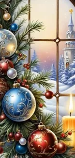 Christmas ornament display by cozy candlelight in winter.