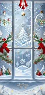 Festive Christmas window with snowflakes and holiday decorations.