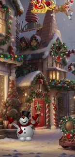 Christmas village with Santa and snowman decorations