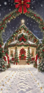 Christmas house with festive decorations and snow-covered path.