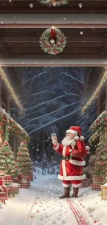 Santa Claus amidst Christmas lights and snowy trees in a festive holiday scene.