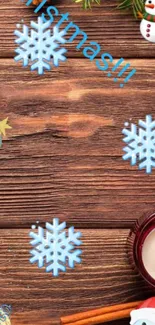 Festive Christmas wood wallpaper with snowflakes and holiday decor.