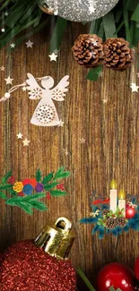 Christmas wallpaper with wood, ornaments, and festive charms.