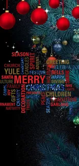 Festive word art Christmas wallpaper with baubles.