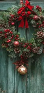 Christmas wreath with red bows on a rustic wooden door.