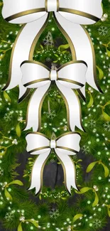 Festive Christmas wreath with green foliage and white ribbons.