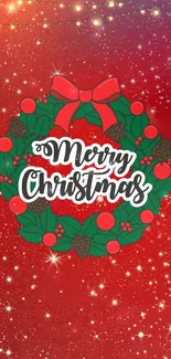 Festive red Christmas wreath wallpaper with stars and Merry Christmas text.