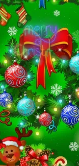 Vibrant Christmas wreath wallpaper with festive ornaments.