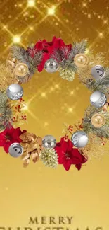 Festive wreath with red flowers and gold accents on a sparkling background.