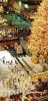 Brightly lit Christmas tree and ice rink in festive city scene.