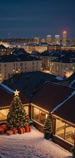 City night skyline with festive Christmas decor and snow.